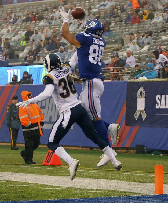 East Rutherford, New Jersey, USA. 6th Nov, 2017. Rams' tight end Tyler  Higbee (89) celebrates with wide receiver Robert Woods (17) after scoring a  touchdown during NFL action between the Los Angeles