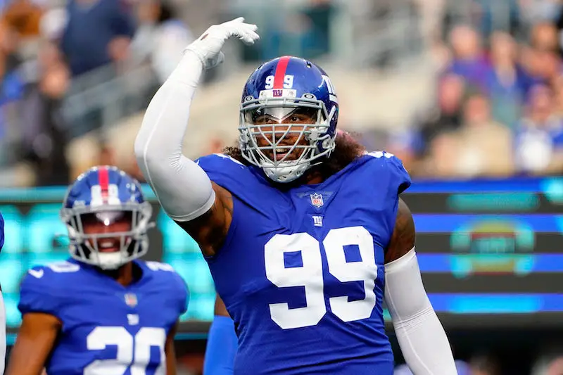 New York Giants defensive end Leonard Williams (99) gets set before a play  during an NFL football game against the Las Vegas Raiders, Sunday, Nov. 7,  2021, in East Rutherford. N.J. The