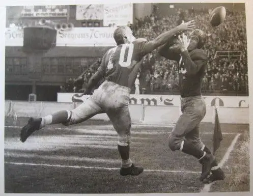 New York Giants quarterback Charley Conerly (42) hands off the ball to Alex  Webster (29) as part of a double hand-off and lateral play resulting in the  only touchdown of the NFC